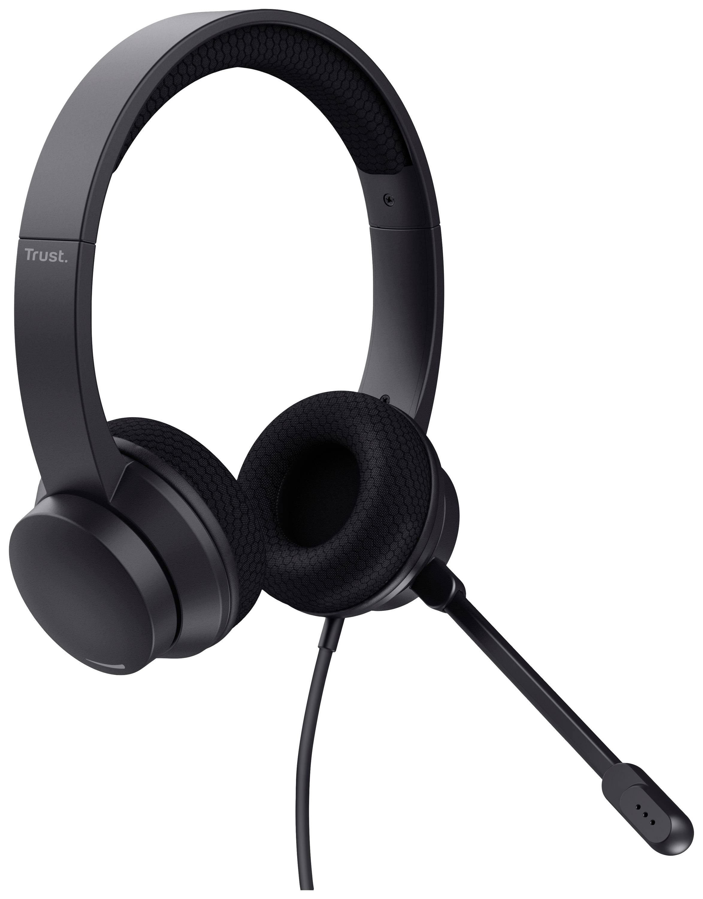 Black headset with padded ear cups and an adjustable microphone boom, suitable for communication and music.