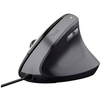 Vertical ergonomic mouse by Trust, black, with thumb buttons and scroll wheel. LED indicator illuminates green.