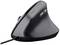 Vertical ergonomic mouse by Trust, black, with thumb buttons and scroll wheel. LED indicator illuminates green.