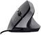 Ergonomic vertical mouse in black and grey with cable, side thumb support and two buttons with scroll wheel on top.