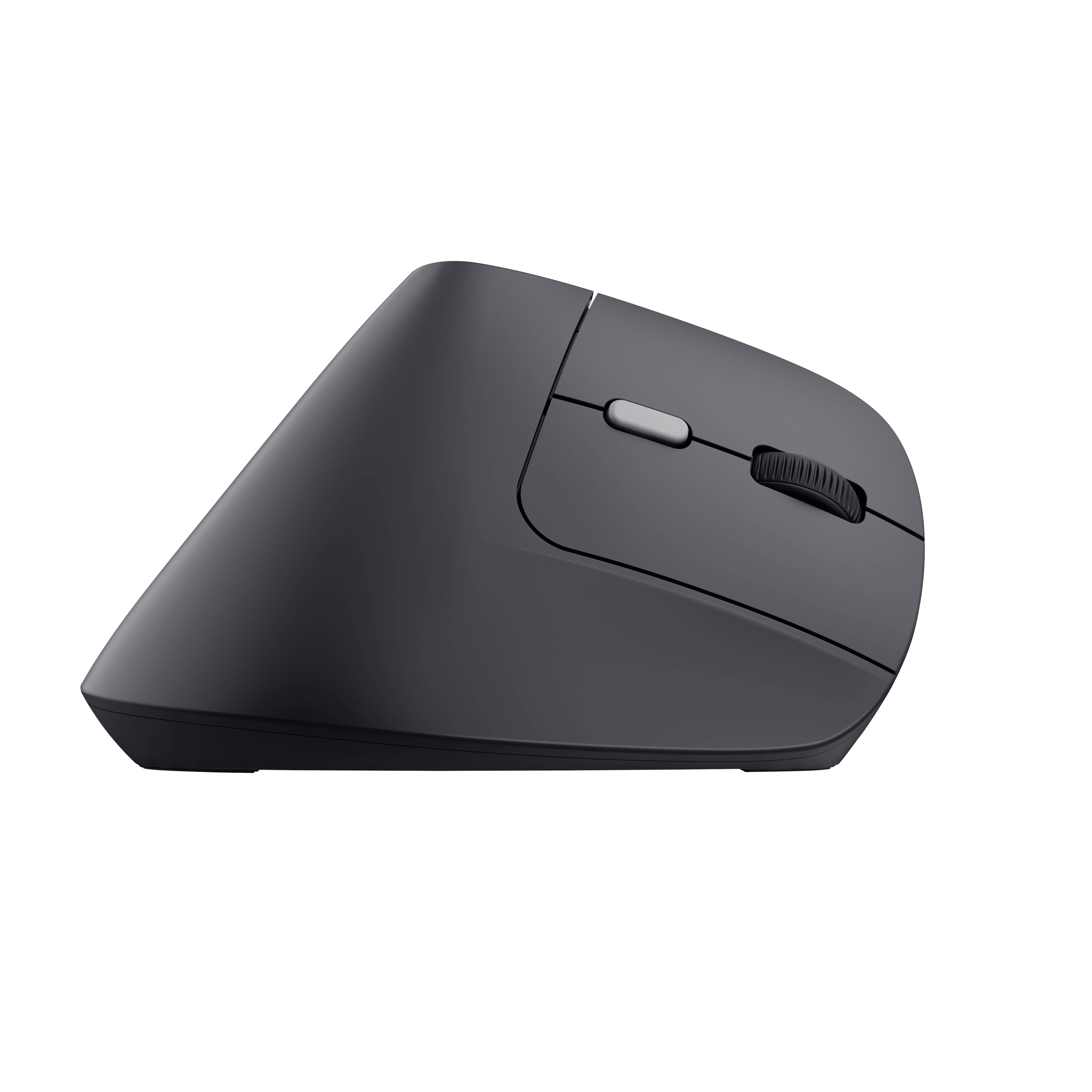 An ergonomic, vertical computer mouse with two buttons and a scroll wheel, side view. Designed for comfortable working.