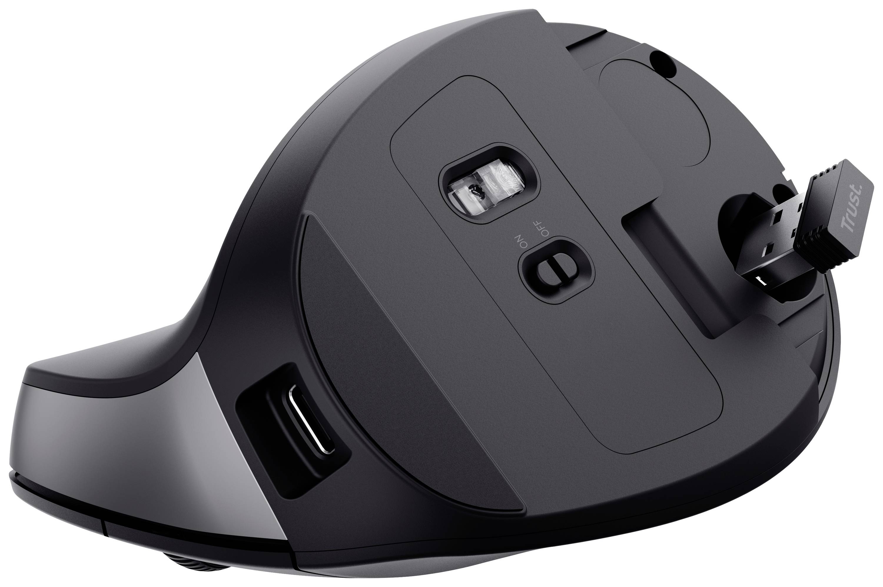 An ergonomic, vertical mouse in black with a visible battery compartment and detachable USB receiver on the underside.