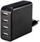 Black USB charger with four USB ports and mains plug, suitable for charging multiple devices simultaneously.