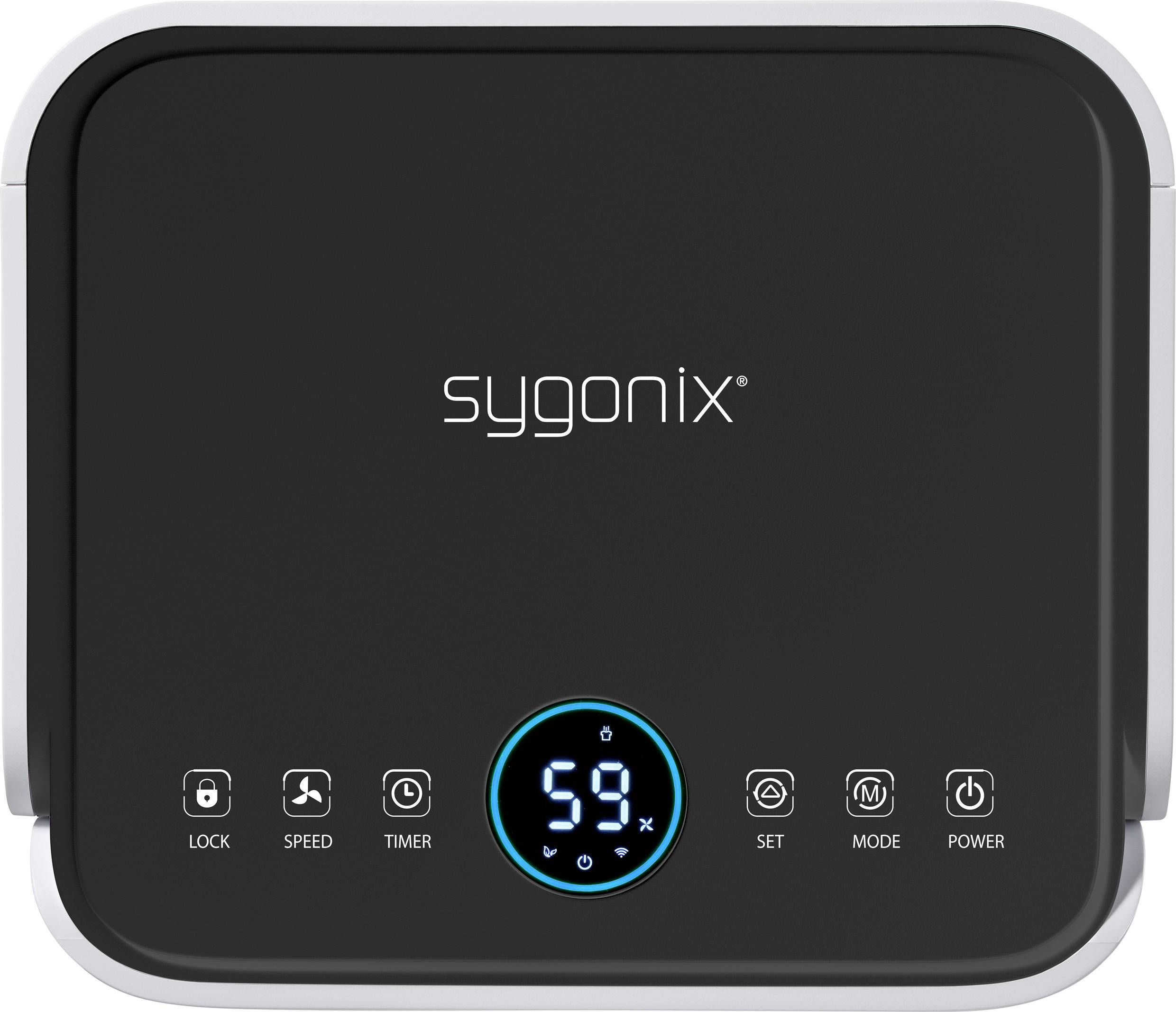 An electronic device with a black display shows 'sygonix' and a large digit '59'. Contains symbols for lock, speed, timer, settings, mode, and power.