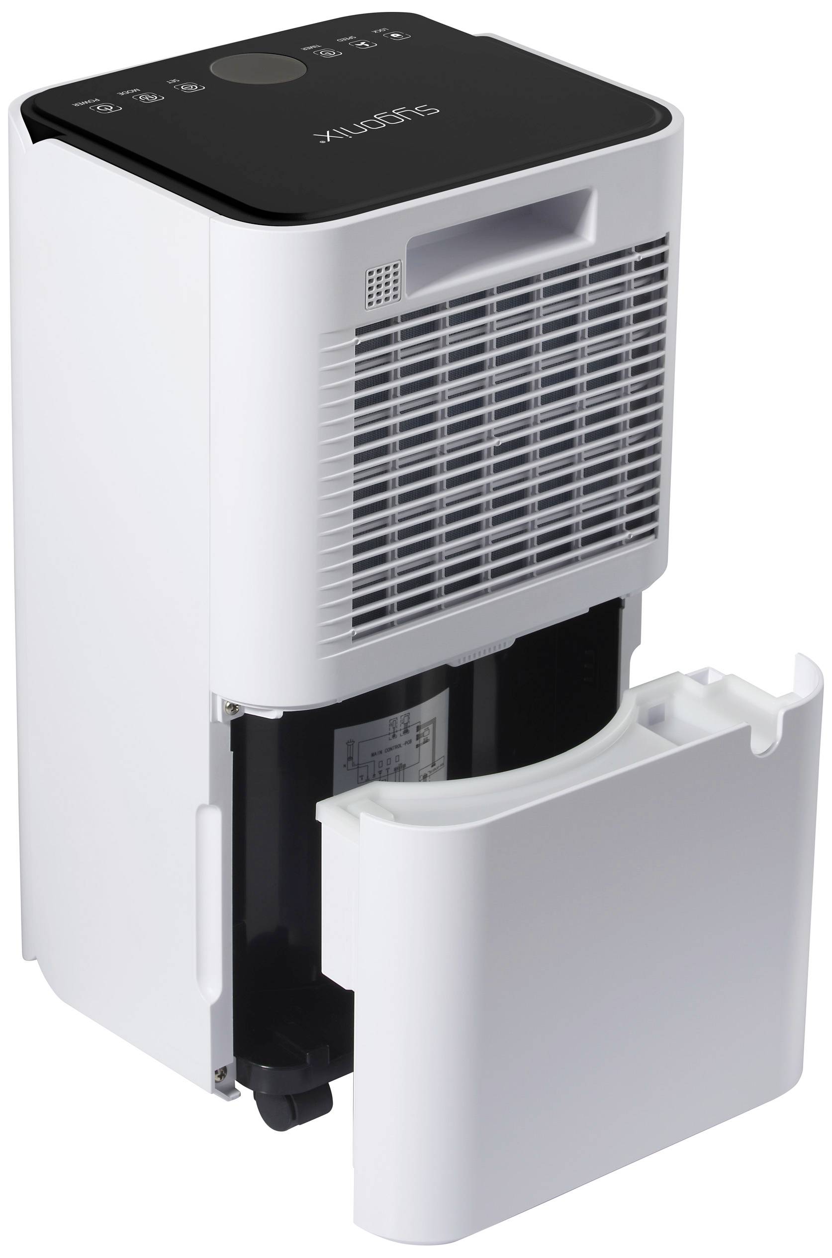A white dehumidifier with a removable water container at the bottom, showing ventilation grilles and upper control panel. Device for moisture control.