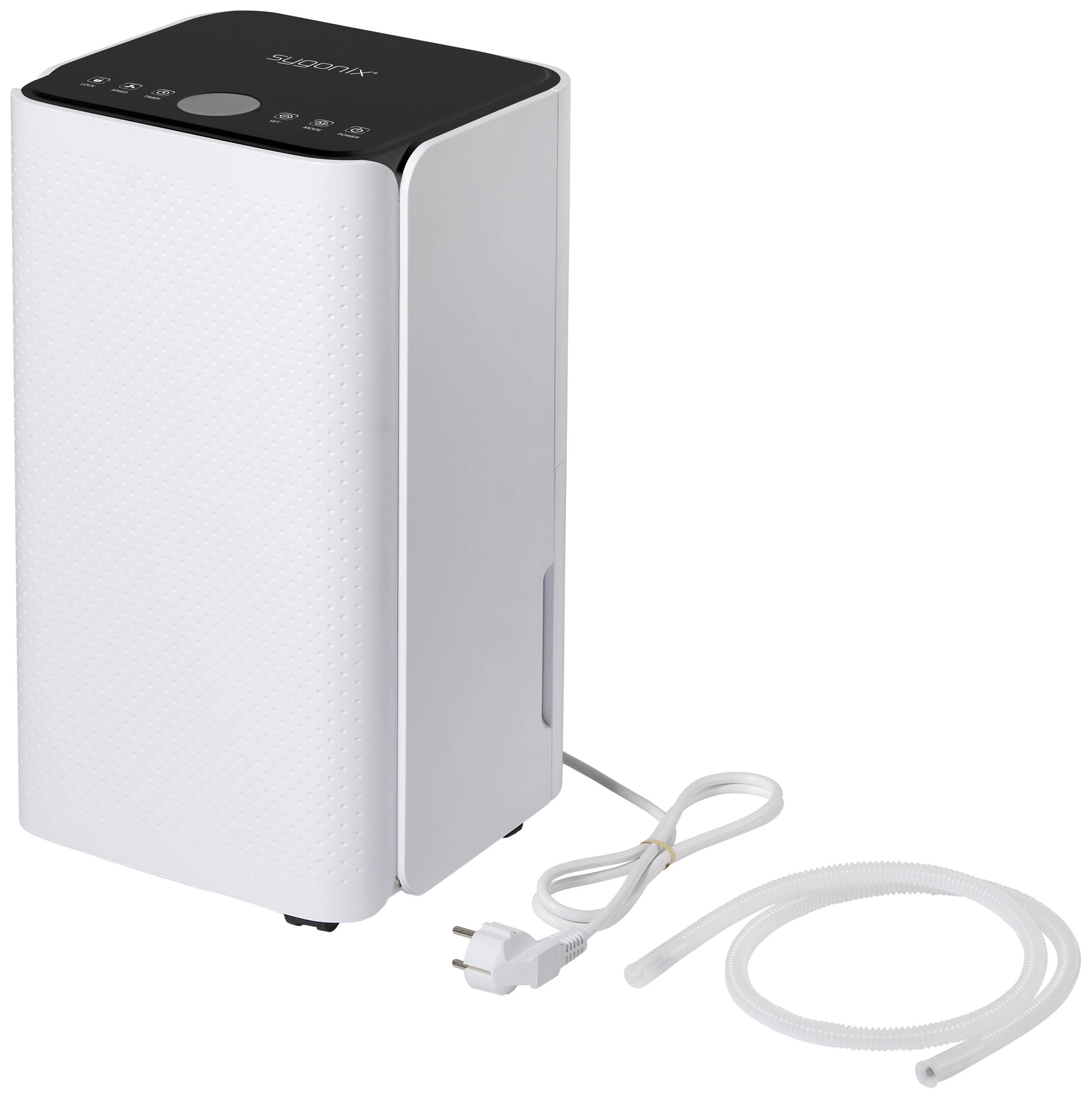 A white, upright dehumidifier with a detachable power cable and drainage hose, suitable for improving indoor air quality.