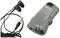 A portable hearing aid, consisting of a grey receiver with control buttons and a pair of black in-ear headphones with cable.