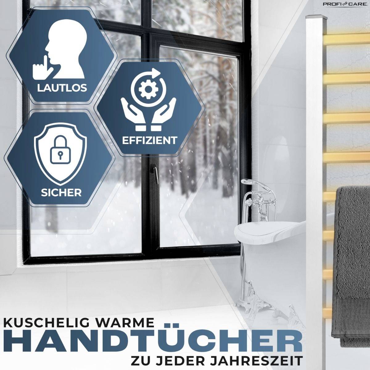 A bathroom with towels, window showing snow-covered landscape. Text emphasises 'cosily warm towels'. Symbols: 'Silent, Efficient, Safe'.