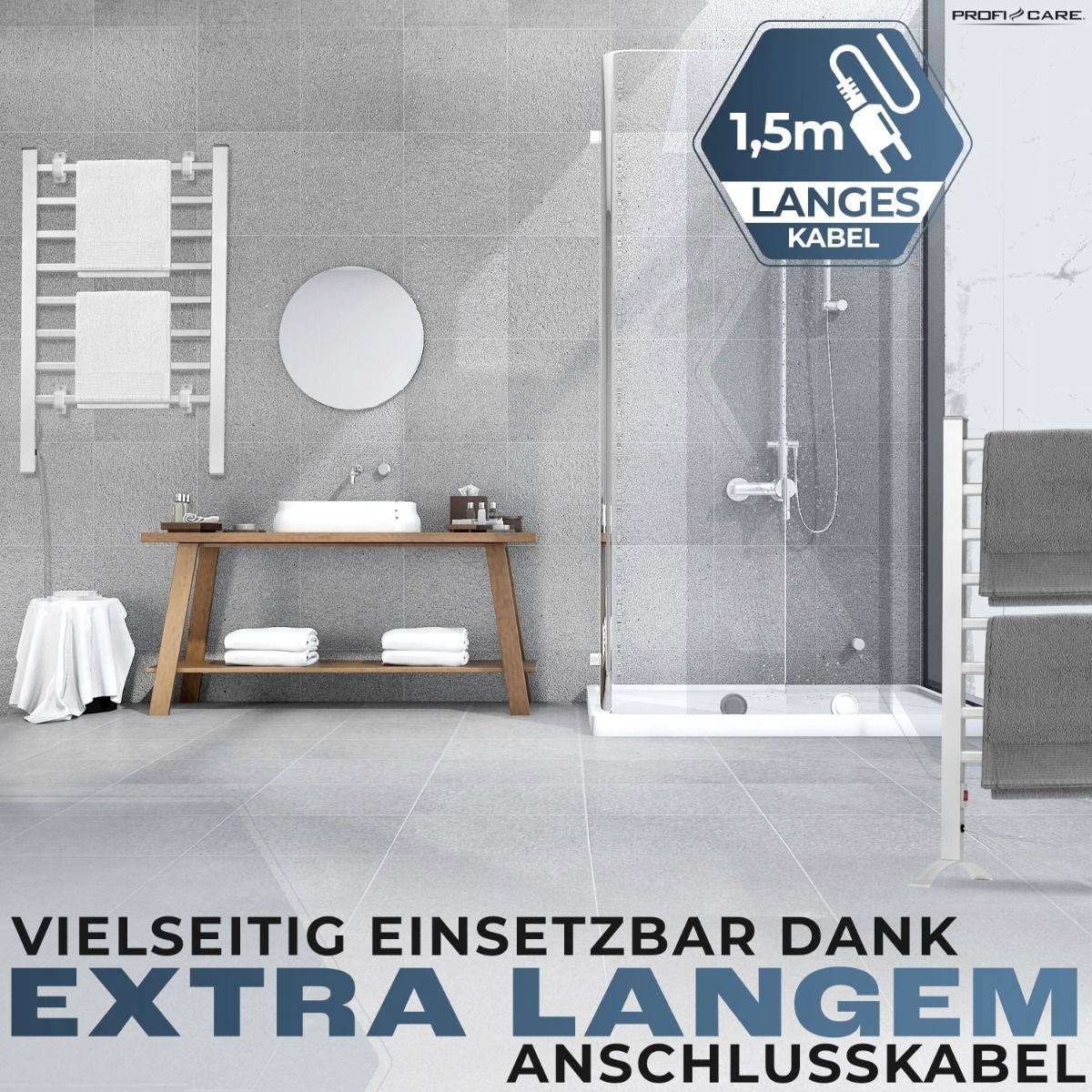 Bathroom view with shower, towel rail and washbasin. Advertising text in the foreground highlights the lengthy connection cable.