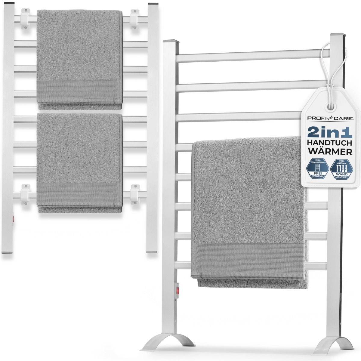 'Electric towel rail with two grey towels, rectangular, white, label with text "2-in-1 towel warmer", suitable for drying towels.'