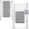 'Electric towel rail with two grey towels, rectangular, white, label with text "2-in-1 towel warmer", suitable for drying towels.'