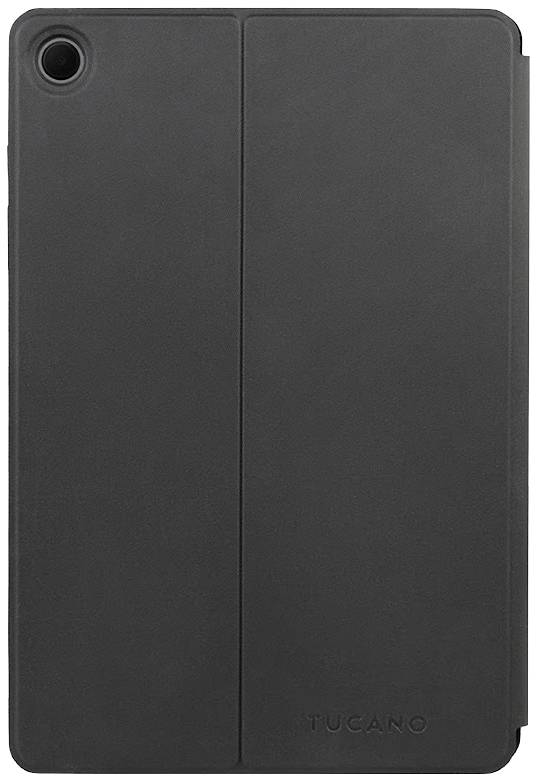 Black tablet with a protective cover; minimalist design with camera opening in the top left corner.