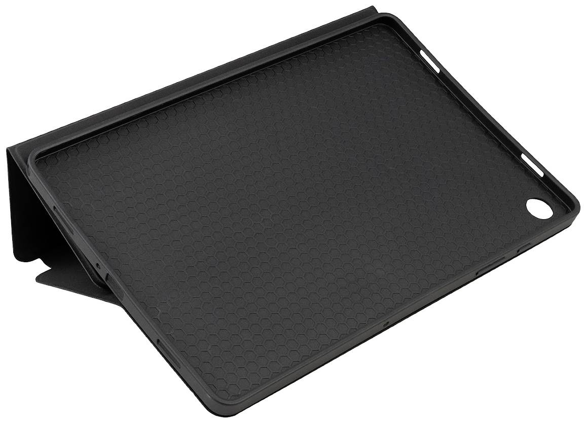 Black protective case for a tablet, slightly angled to show the honeycomb-patterned interior and rear camera cutout.
