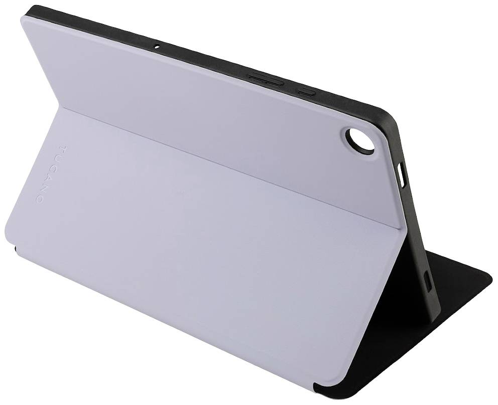 'iPad case in an upright position. The case is lilac-grey and has a cut-out for the camera. Side buttons are visible.'