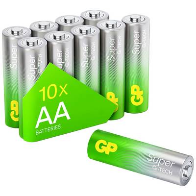 Ten AA batteries of the GP Super G-Tech brand with green and yellow design, displayed in a presentation.