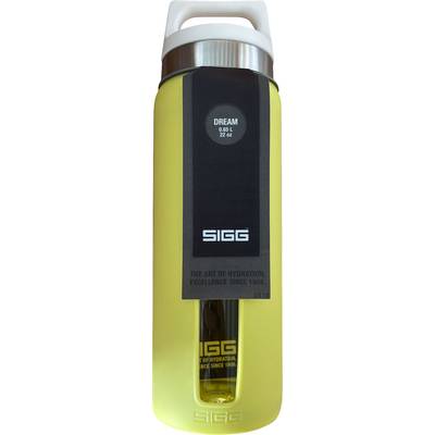 Yellow water bottle by SIGG, with a grey grip cap and black label. Contains the text 'Dream' and capacity '0.6L/22 oz'.