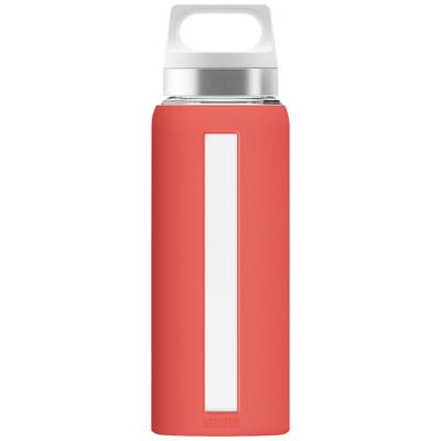 Red water bottle with a silver lid and a vertical white stripe down the middle.