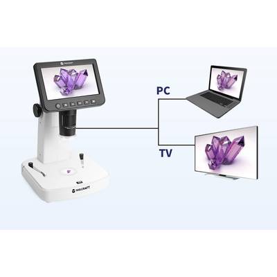 Microscope with screen showing crystal, connected to PC and television for larger display.