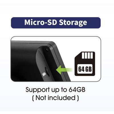 'Micro-SD Storage' shows a Micro-SD card slot. Supports up to 64GB (not included). An arrow points to the slot.