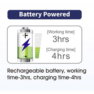 Battery-powered: Working time 3 hours, charging time 4 hours. Rechargeable battery.