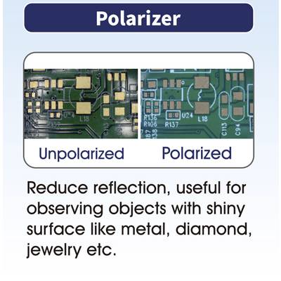 The image shows a comparison table: 'Unpolarized' on the left, 'Polarized' on the right. Underneath the text reads: 'Reduce reflection, useful for observing objects with shiny surfaces like metal, diamond, jewellery etc.'