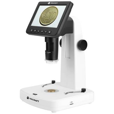 A digital microscope shows an enlarged view of a 10-cent coin on the screen.