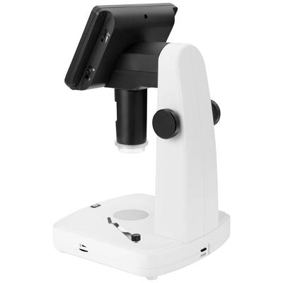 A white, digital microscope with a black screen and two adjustment knobs, suitable for scientific investigations.