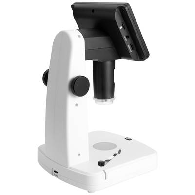 A digital microscope with a black camera head mounted on a white base. Suitable for magnifying small objects in laboratories.