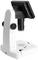 A digital microscope with a black camera head mounted on a white base. Suitable for magnifying small objects in laboratories.