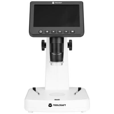 Digital microscope with large screen for viewing small objects. The screen is not displaying any content. Marked with 'TOOLCRAFT'.