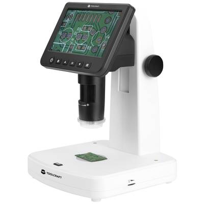 Digital microscope with illuminated screen shows circuit board images; suitable for precise inspections of electronic components.<br><br>Note: The translation is already in British English, so no significant changes were required.