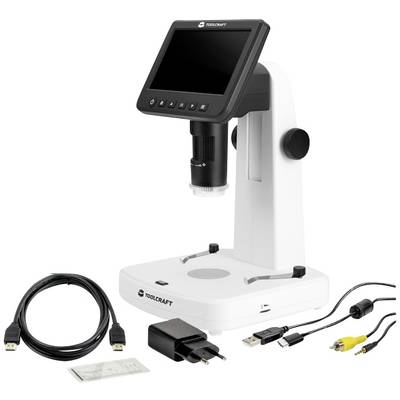 Microscope with digital screen, USB cable, charging cable and adapter on a white background. Ideal for precise magnifications.