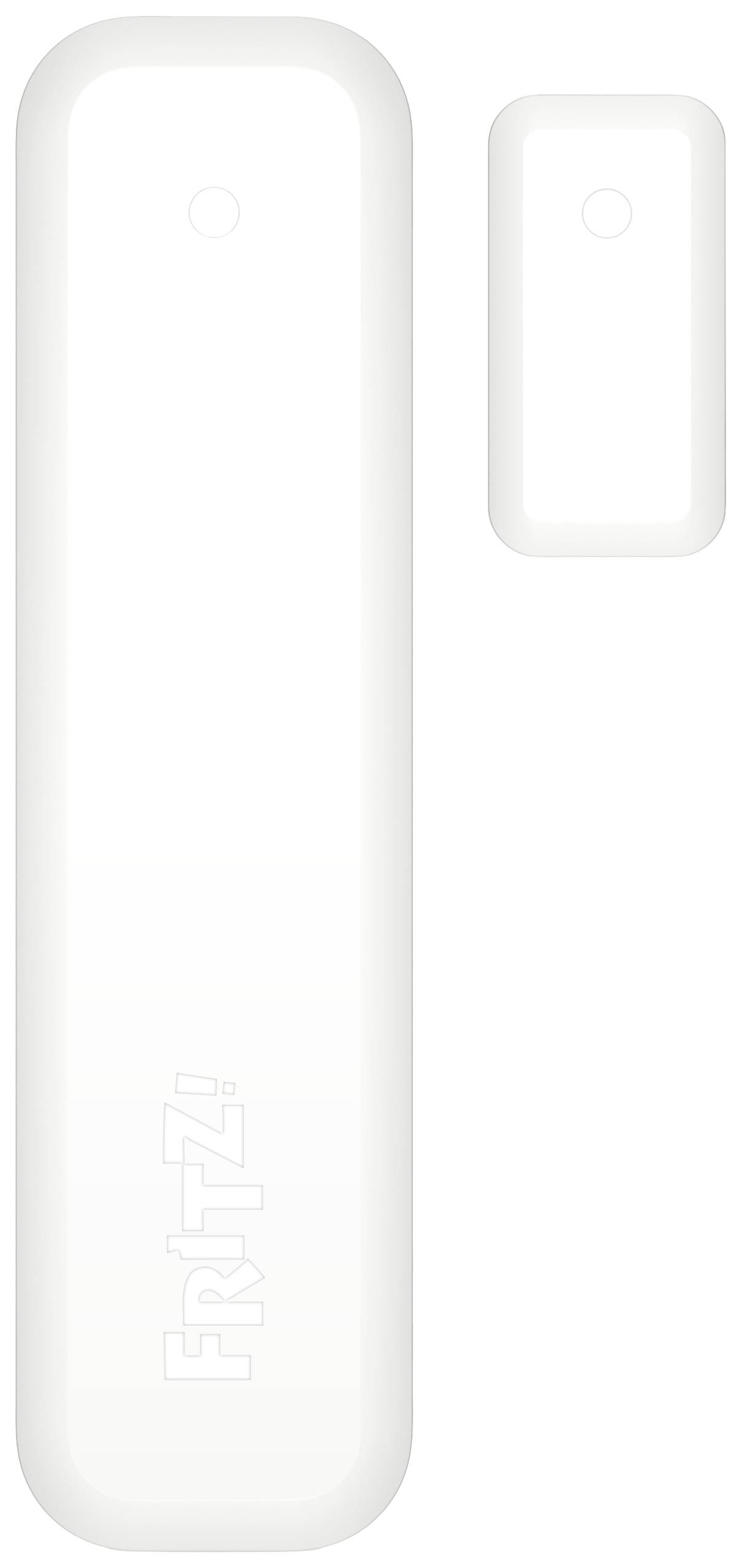 A white, rectangular sensor with 'FRITZ!' printed on it and a smaller, similar component beside it. These are radio sensors.
