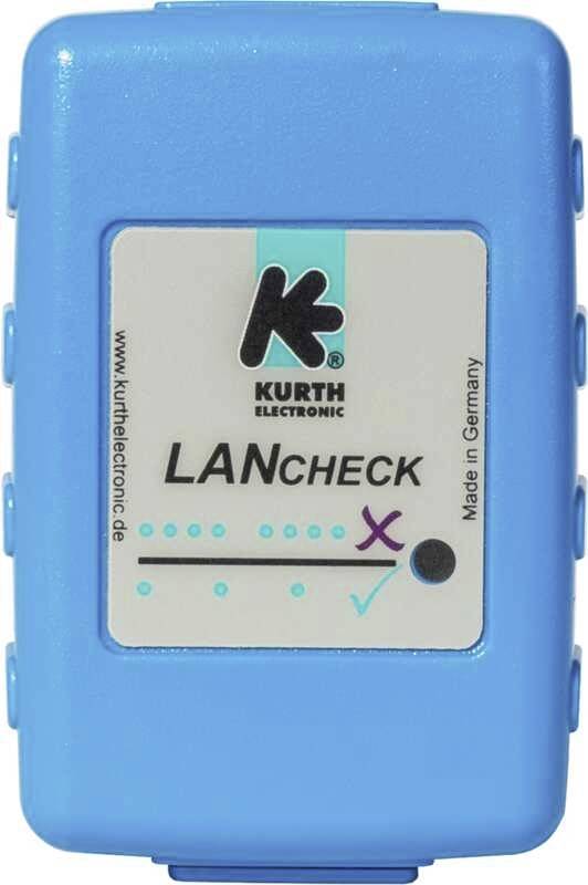 A blue device with the inscription 'Kurth Electronic LANcheck', manufactured in Germany, displays an X and a tick as a status indicator.