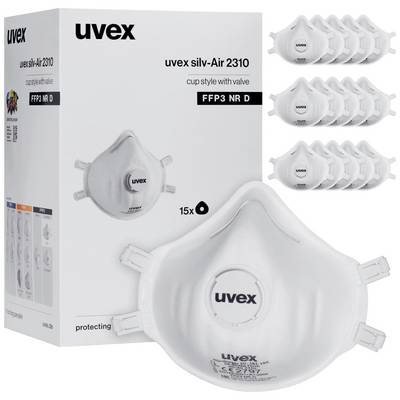 A white FFP3 respirator mask by uvex, model silv-Air 2310, shown in front of its packaging, which displays 15 masks with valves.
