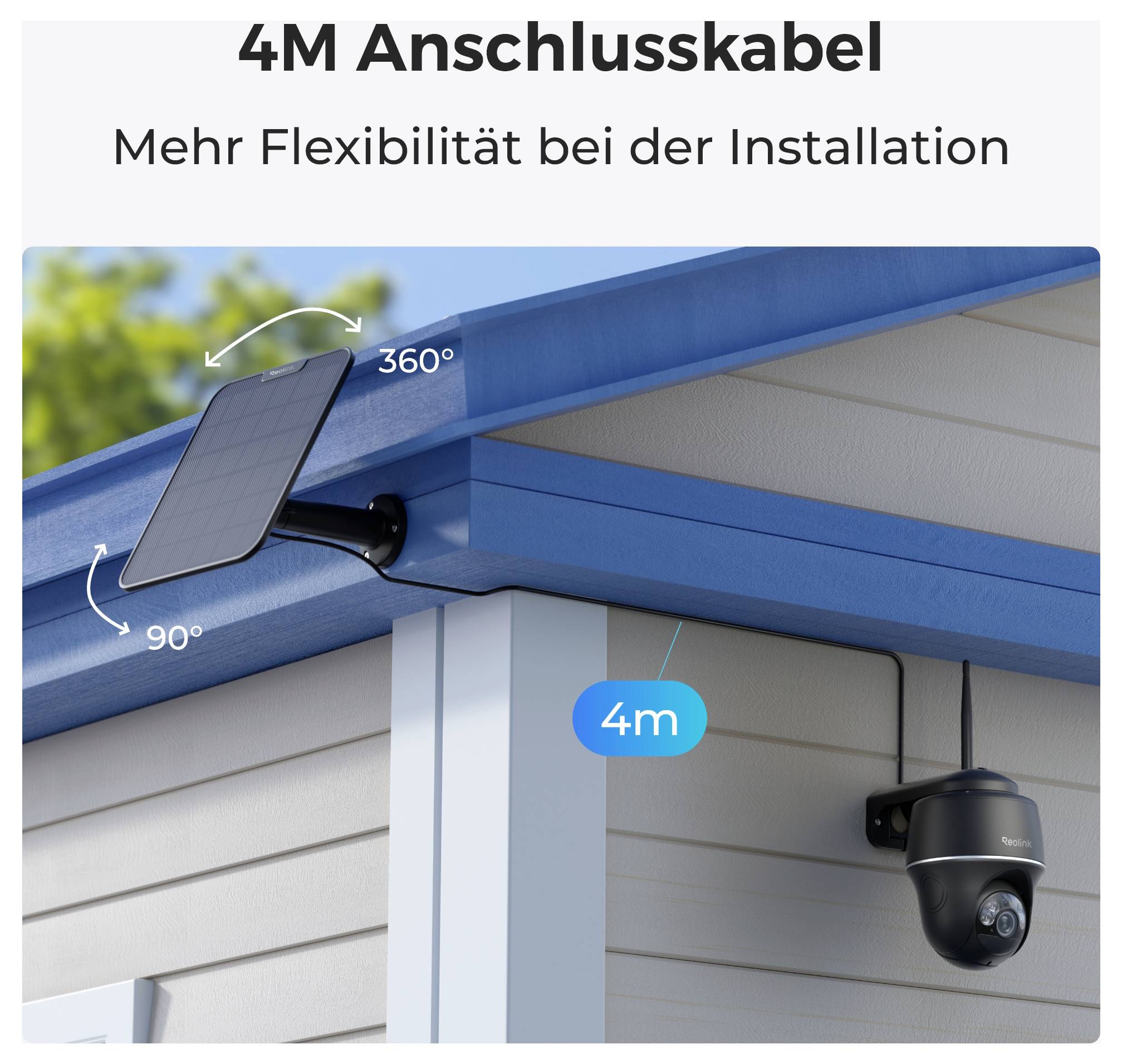 'A security camera on the house wall, connected to a solar panel via a 4-metre cable for flexible installation.'