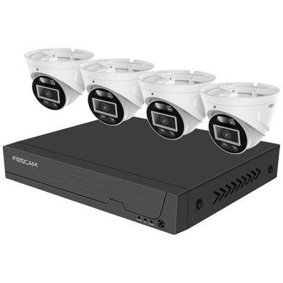 Four white surveillance cameras and a black digital video recorder (DVR) by Foscam are visible.