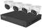 Four white surveillance cameras and a black digital video recorder (DVR) by Foscam are visible.