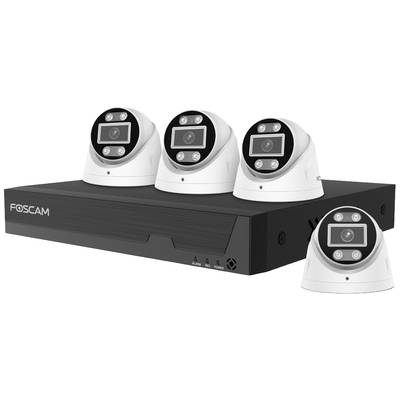 'Foscam' surveillance system with four dome cameras on an NVR device, suitable for indoor security applications.