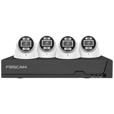 Foscam surveillance camera system with four white cameras mounted on a black base station. Suitable for security monitoring.