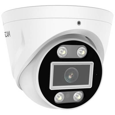 Surveillance camera with a circular, white housing design. Integrated lens and LED lights for night vision.