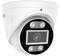 Surveillance camera with a circular, white housing design. Integrated lens and LED lights for night vision.