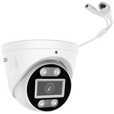 'White surveillance camera with three LED lights and cable. Viewed from slightly below.'