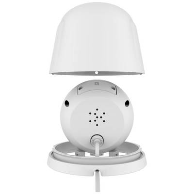 White surveillance camera with removed casing, showing rear side with cable connection and ventilation holes.<br><br>Note: The translation is already in British English and maintains the precise description of the scene.