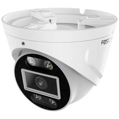 White surveillance camera with multiple lenses and infrared lights, branded 'Foscam', for monitoring in security systems.