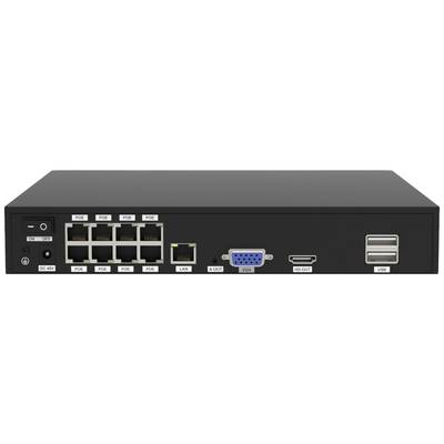 A black network switch displays eight Ethernet ports, a VGA connection, an HDMI output, and two USB ports on the rear.