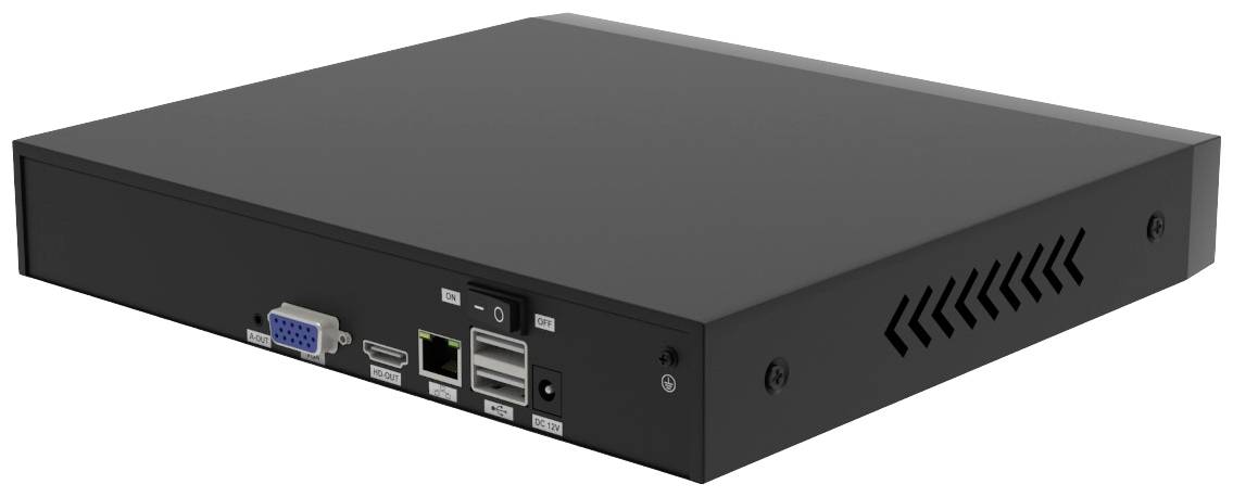 Black mini PC with multiple ports, including VGA, HDMI, USB and Ethernet, on the rear panel. Slim chassis, suitable for space-saving installations.