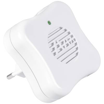 A white electronic sensor plug with ventilation slots and a small green LED indicator on the front.