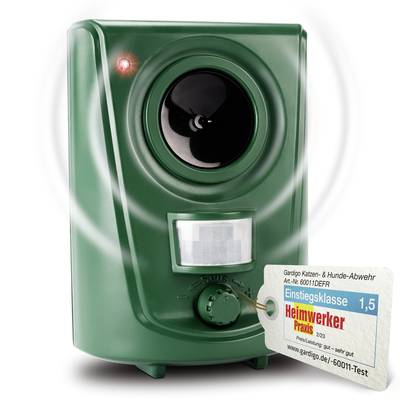 A green electronic deterrent device with ultrasonic function and a sensor at the front, awarded 'Heimwerker Praxis 1.5'.
