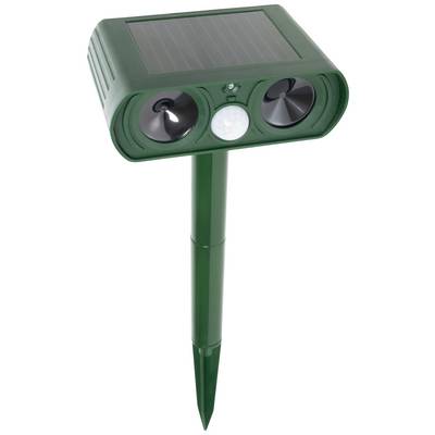 Green solar-powered animal deterrent with motion sensor and ultrasonic speakers mounted on a ground stake.